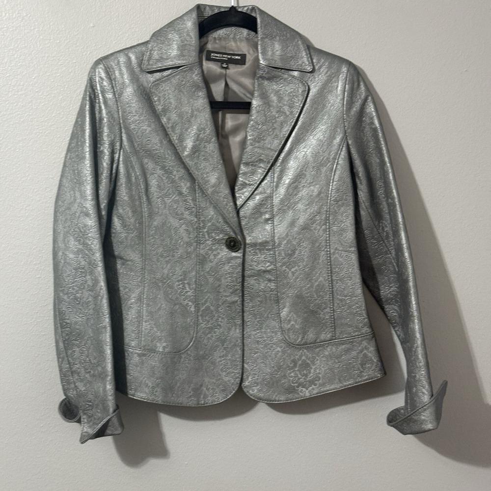 Vtg Womens leather blazer jacket S Textured Steampunk Coat Gunmetal Western Y2K - Picture 3 of 16